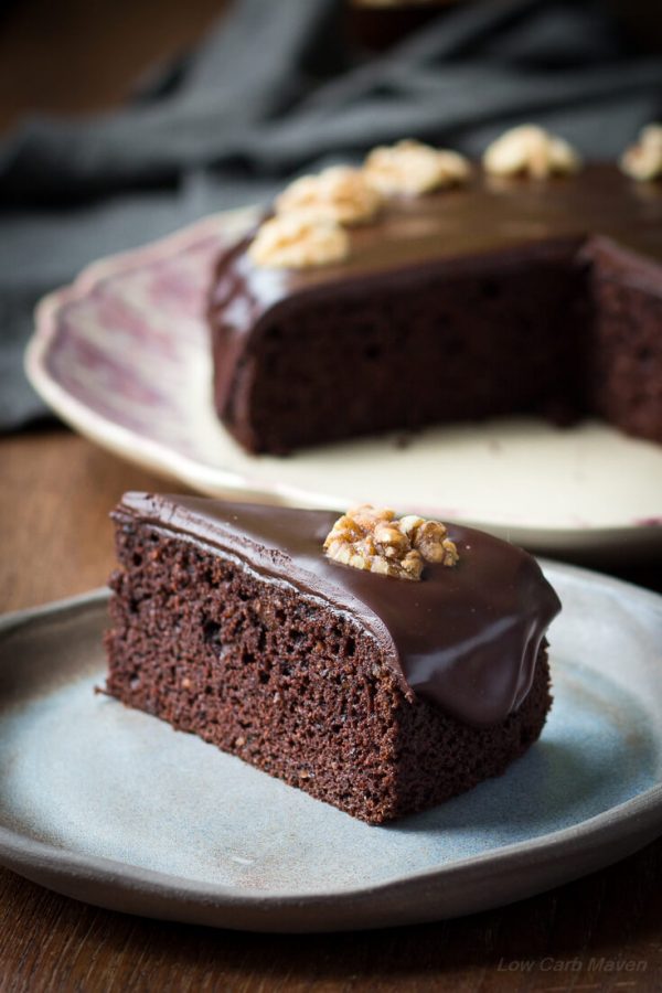 Moist Chocolate Walnut Cake is a standout low carb chocolate cake recipe. The sugar-free recipe is also makes a great keto cake!