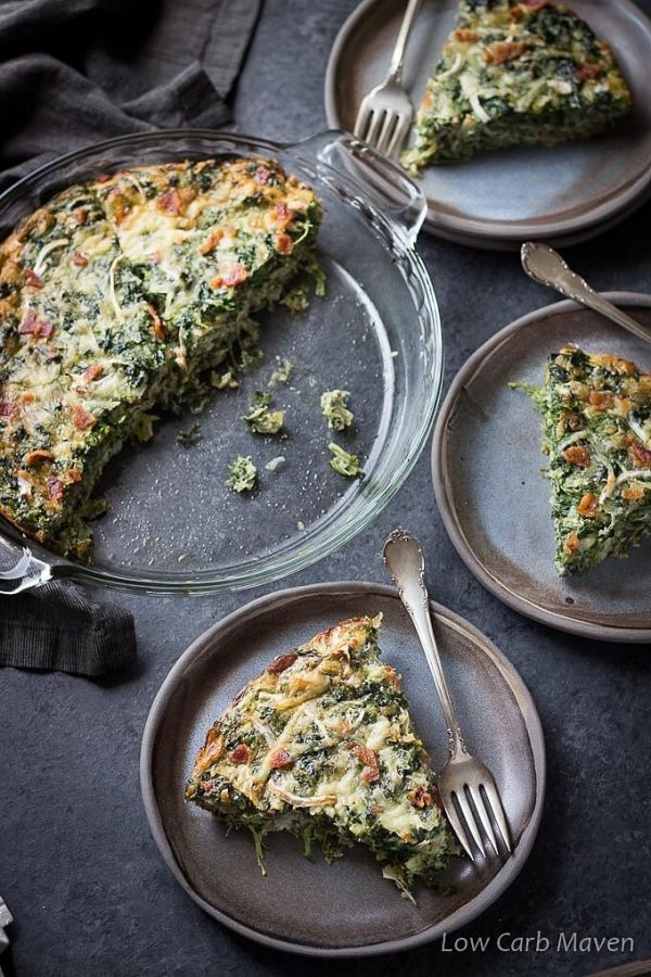 Low Carb Spinach Bacon Crustless Quiche slices on plates