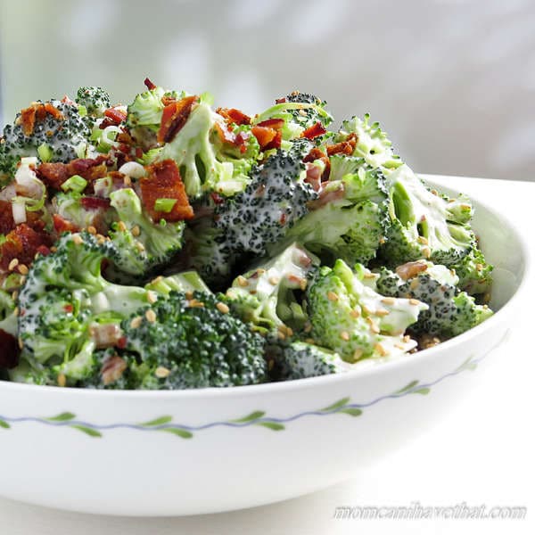 Easy, Low Carb Bacon Broccoli Salad is a popular crunchy side perfect for lunch, brunch and a dinner side. | low carb, gluten-free, dairy-free, Paleo, Keto | lowcarbmaven.com