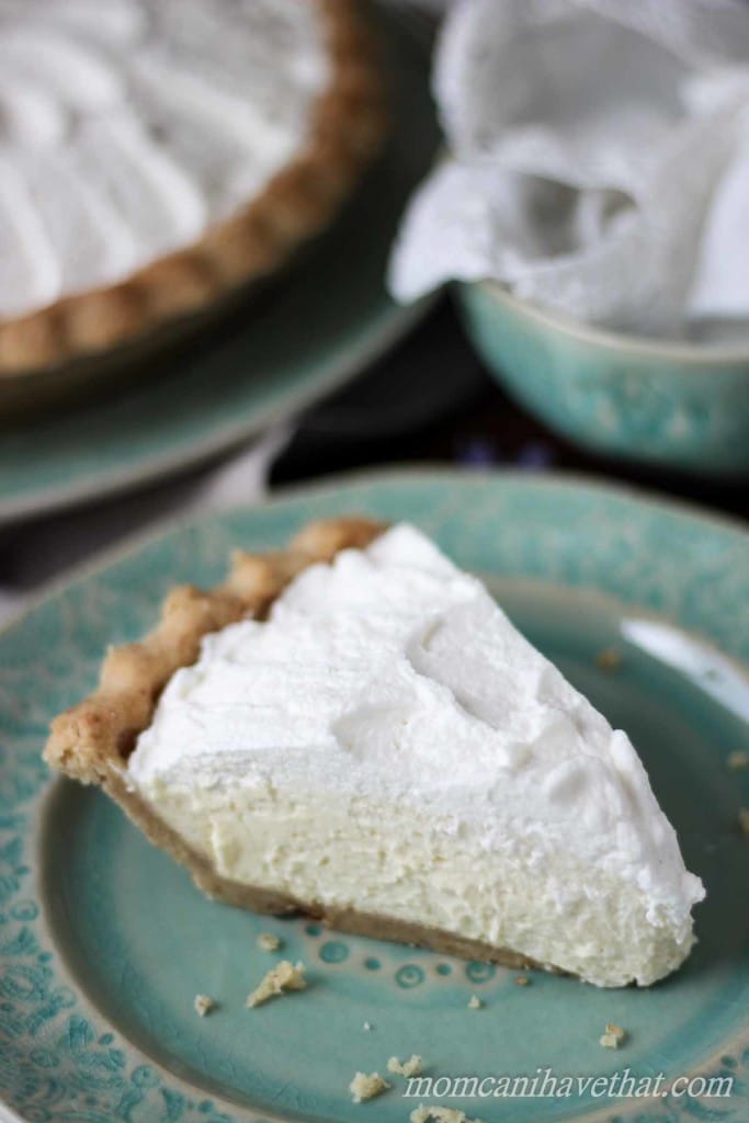 Slice of fluffy banana cream pie on green plate. low carb, keto recipe