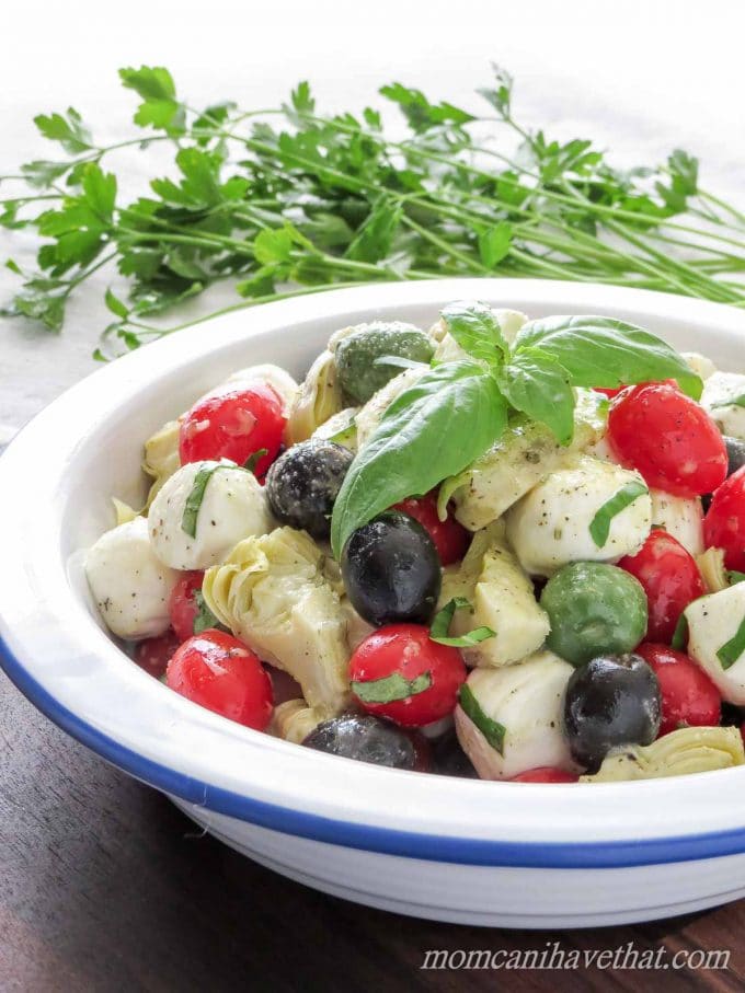 Caprese Salad with Cherry Tomatoes Olives and Marinated Artichoke Hearts