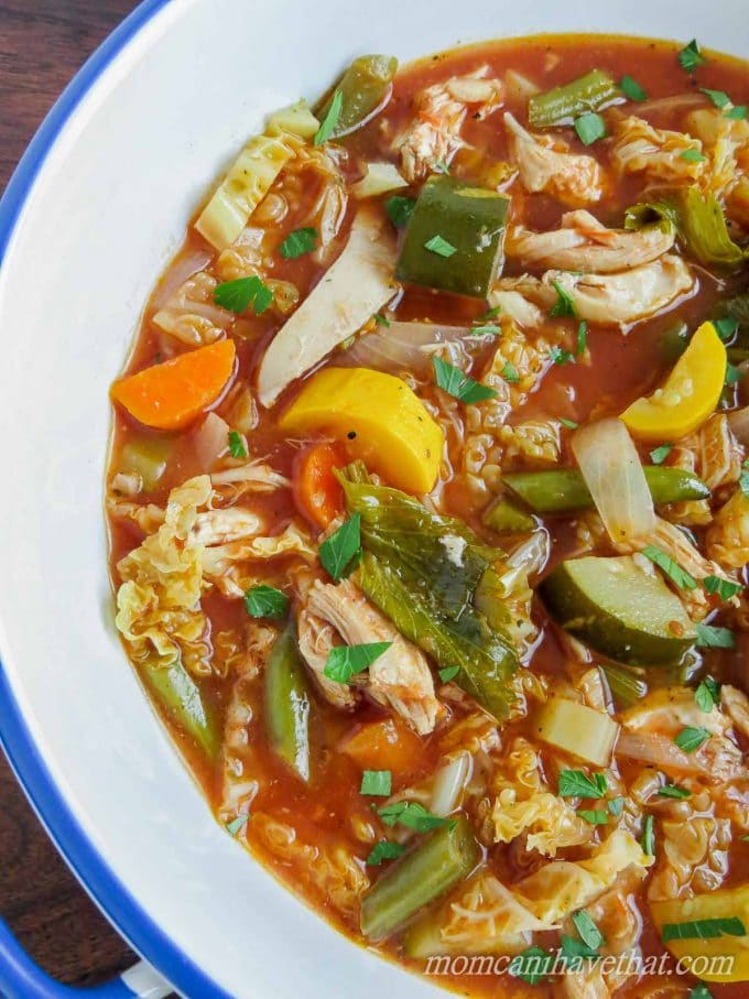 Skipping the starchy pasta and beans and adding rotisserie chicken keeps this Healthy Chicken Minestrone Soup low carb and hearty enough for a main meal. | low carb, gluten-free, dairy-free, Paleo | lowcarbmaven.com