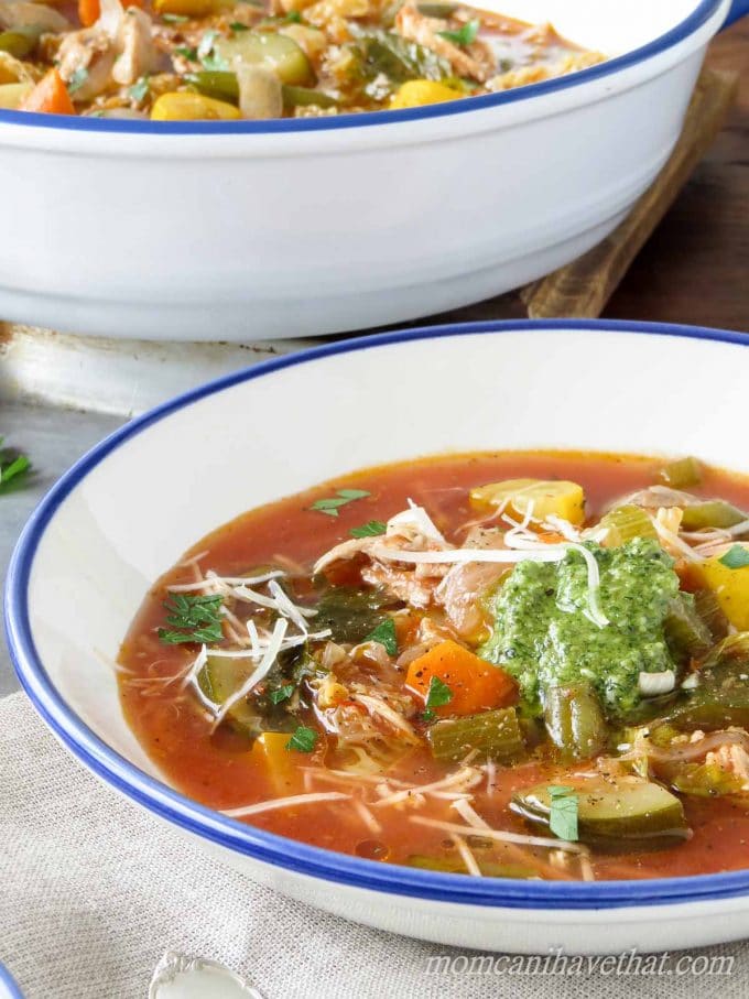 Skipping the starchy pasta and beans and adding rotisserie chicken keeps this Healthy Chicken Minestrone Soup low carb and hearty enough for a main meal. | low carb, gluten-free, dairy-free, Paleo | lowcarbmaven.com