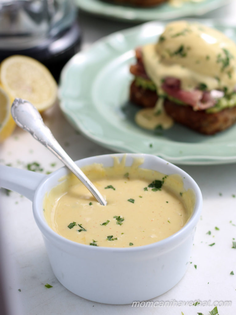 This recipe for blender Hollandaise will have your poached eggs or veggies sauced in minutes with minimum effort. It's silky, creamy, buttery and easy. | lowcarbmaven.com