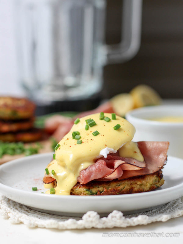 Low Carb Zucchini Fritter Eggs Benedict with Prosciutto and Tomato