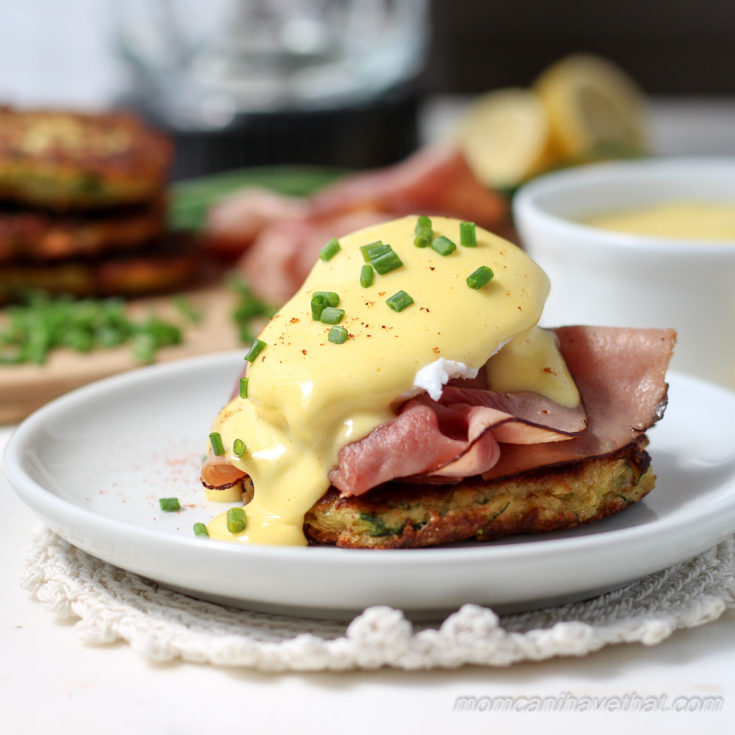 Low Carb Zucchini Fritter Eggs Benedict with Prosciutto and Tomato