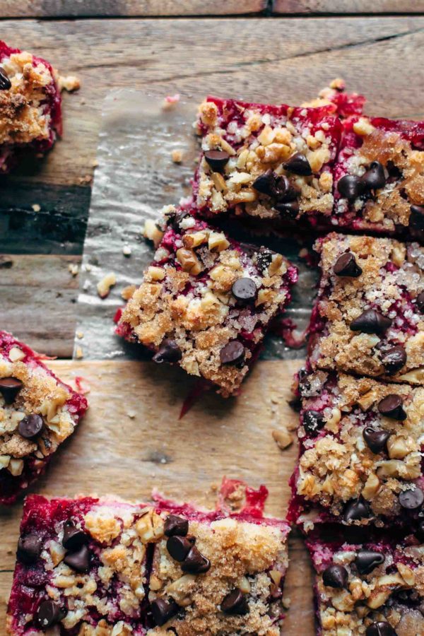 Sliced cranberry crumb bars with walnuts and chocolate chips