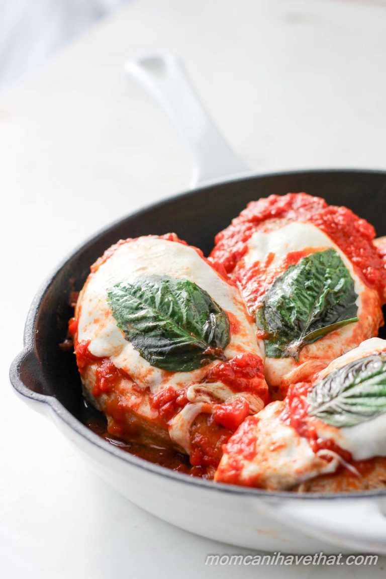 Easy Caprese Chicken Mozzarella with boneless skinless chicken breasts is an easy and tasty low fat and low carb dinner. It cooks in a skillet so your house stays cool.