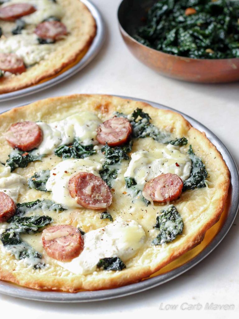 Keto Fathead Pizza With Sausage Ricotta And Kale Low Carb Maven