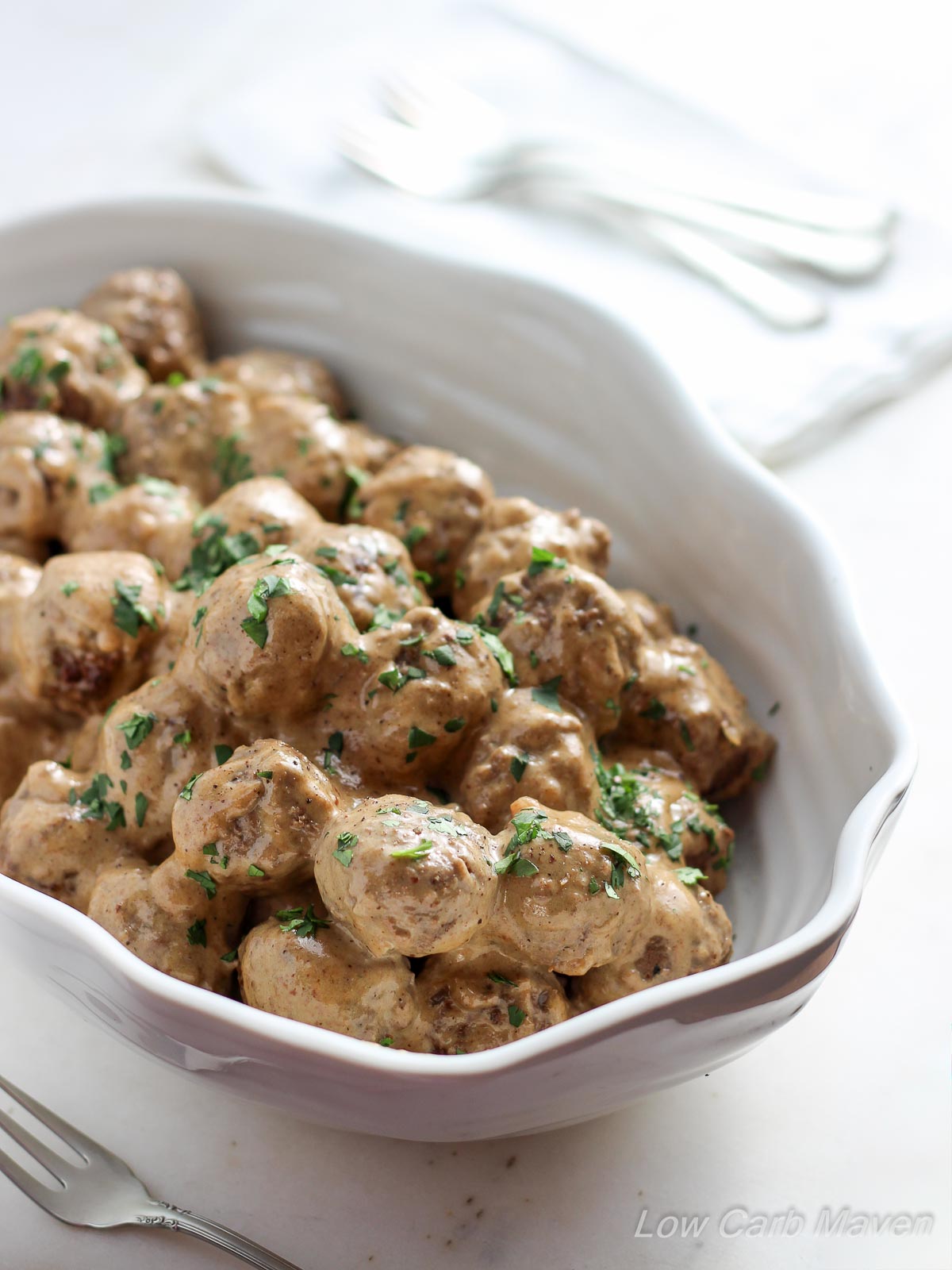 Low Carb Swedish Meatballs - great as an appetizer or a meal served over zoodles! | lowcarb, gluten-free, keto, thm | LowCarbMaven.com