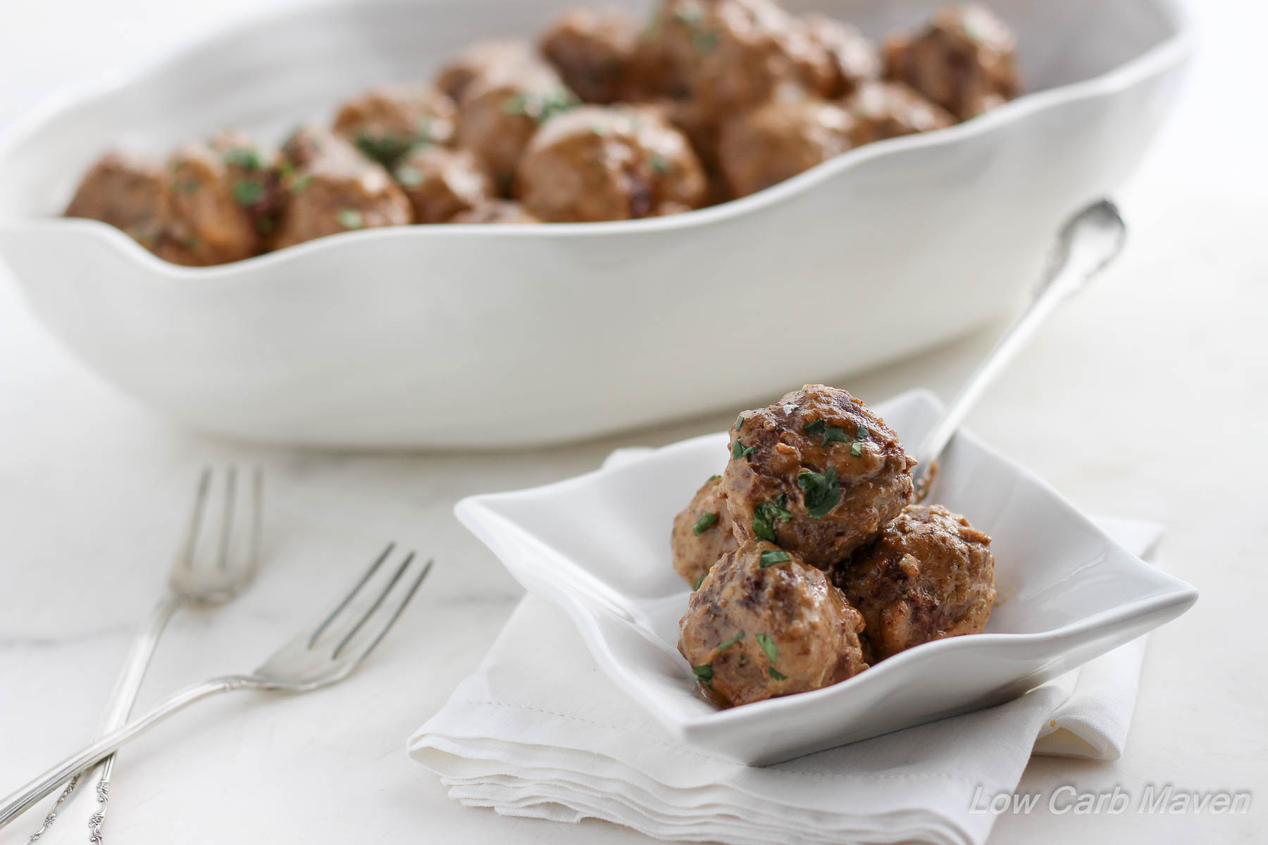 Low Carb Swedish Meatballs - great as an appetizer or a meal served over zoodles! | lowcarb, gluten-free, keto, thm | LowCarbMaven.com