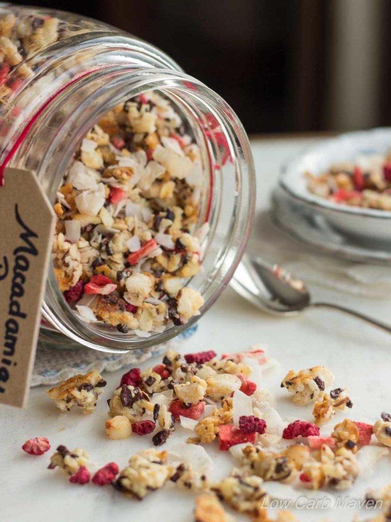 Macadamia nuts, coconut flakes, and cacao nibs collide with freeze dried strawberries and raspberries to create a great low carb breakfast sensation! |lowcarb, gluten-free, dairy-free, Paleo, Keto, THM