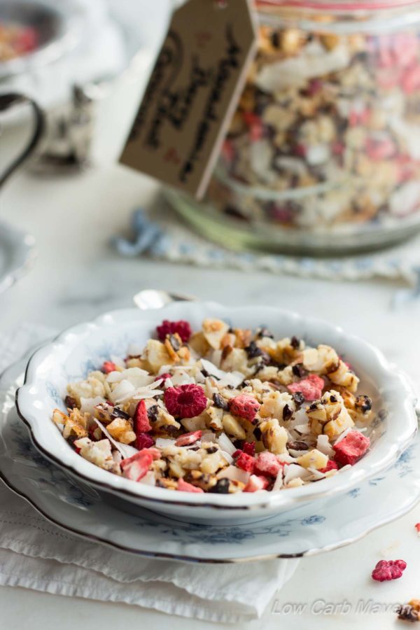 Low Carb Macadamia Nut Granola With Berries and Flaked Coconuts