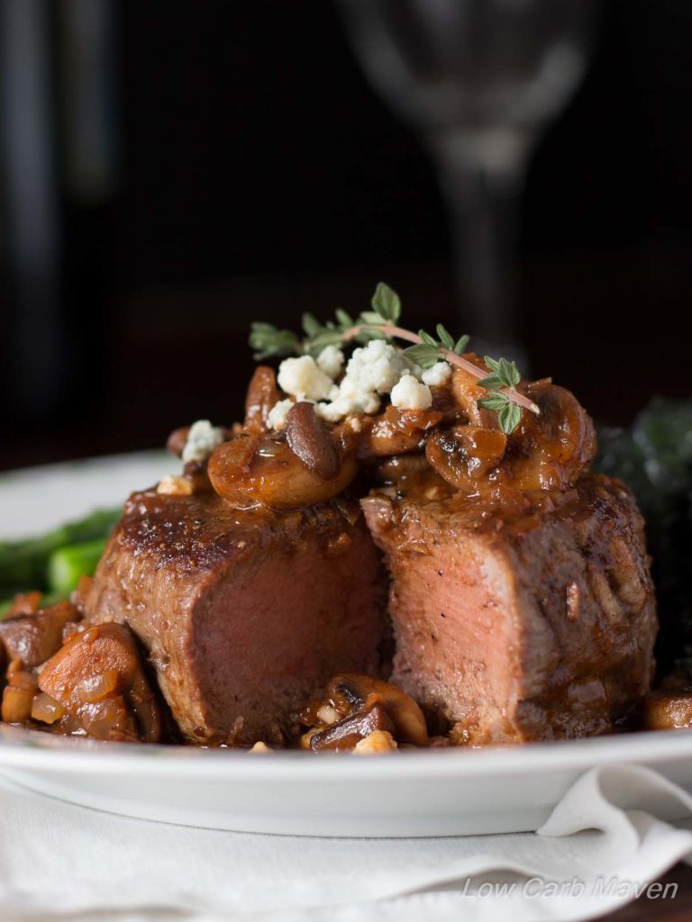 Pan Seared Filet Mignon with Mushroom Red Wine Sauce and Blue Cheese