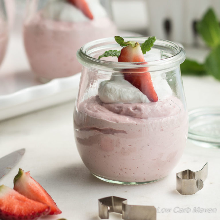 Low Carb Strawberry Mousse is easy to make and uses an ingredient for a vibrant strawberry flavor! | low carb, gluten-free, keto, thm |LowCarbMaven