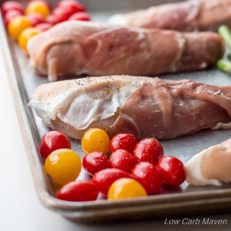 This Prosciutto Wrapped Sheet Pan Chicken dinner cooks in 30 minutes and is just 4 net carbs per serving. | low carb, gluten-free, primal, keto, lchf