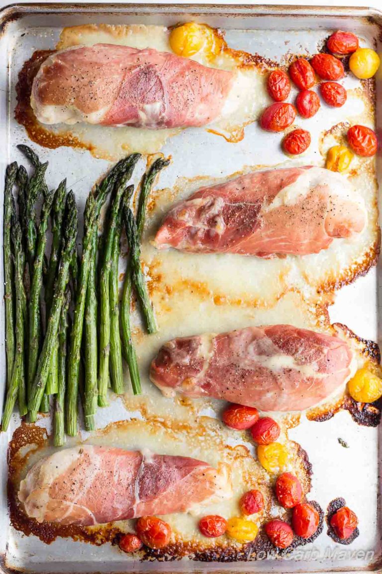 This Prosciutto Wrapped Sheet Pan Chicken dinner cooks in 30 minutes and is just 4 net carbs per serving. | low carb, gluten-free, primal, keto, lchf