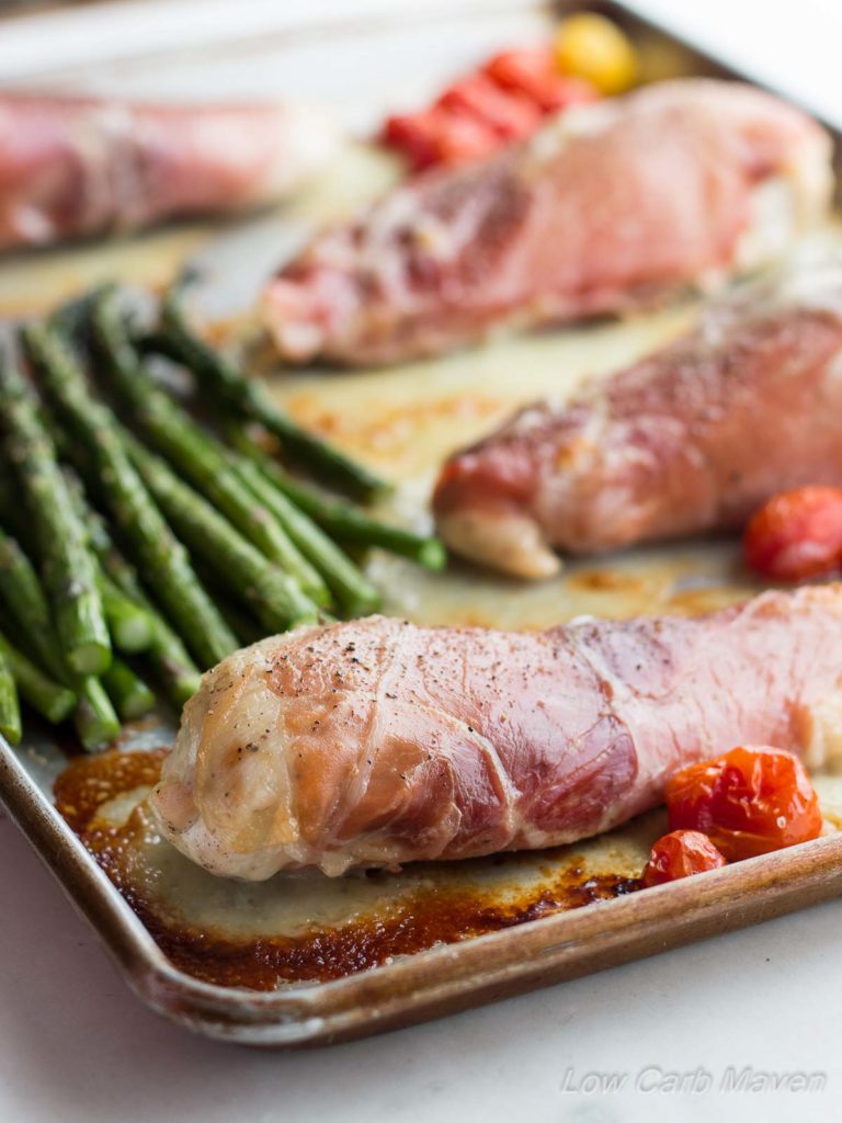 This Prosciutto Wrapped Sheet Pan Chicken dinner cooks in 30 minutes and is just 4 net carbs per serving. | low carb, gluten-free, primal, keto, lchf 