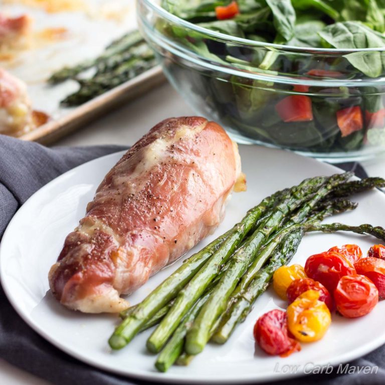 This Prosciutto Wrapped Sheet Pan Chicken dinner cooks in 30 minutes and is just 4 net carbs per serving. | low carb, gluten-free, primal, keto, lchf