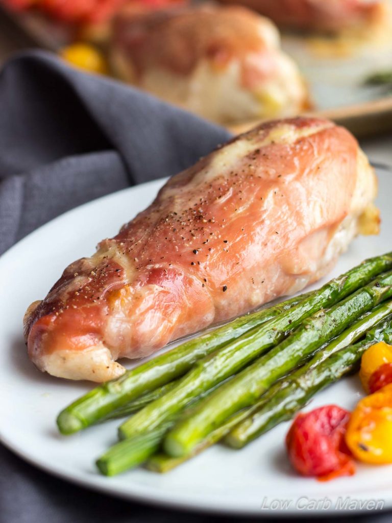 This Prosciutto Wrapped Sheet Pan Chicken dinner cooks in 30 minutes and is just 4 net carbs per serving. | low carb, gluten-free, primal, keto, lchf