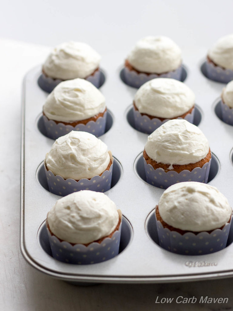 Brightened with the slight tang of buttermilk, these classic vanilla buttermilk cupcakes are topped with a luxurious cream cheese frosting. | Low Carb, keto, thm