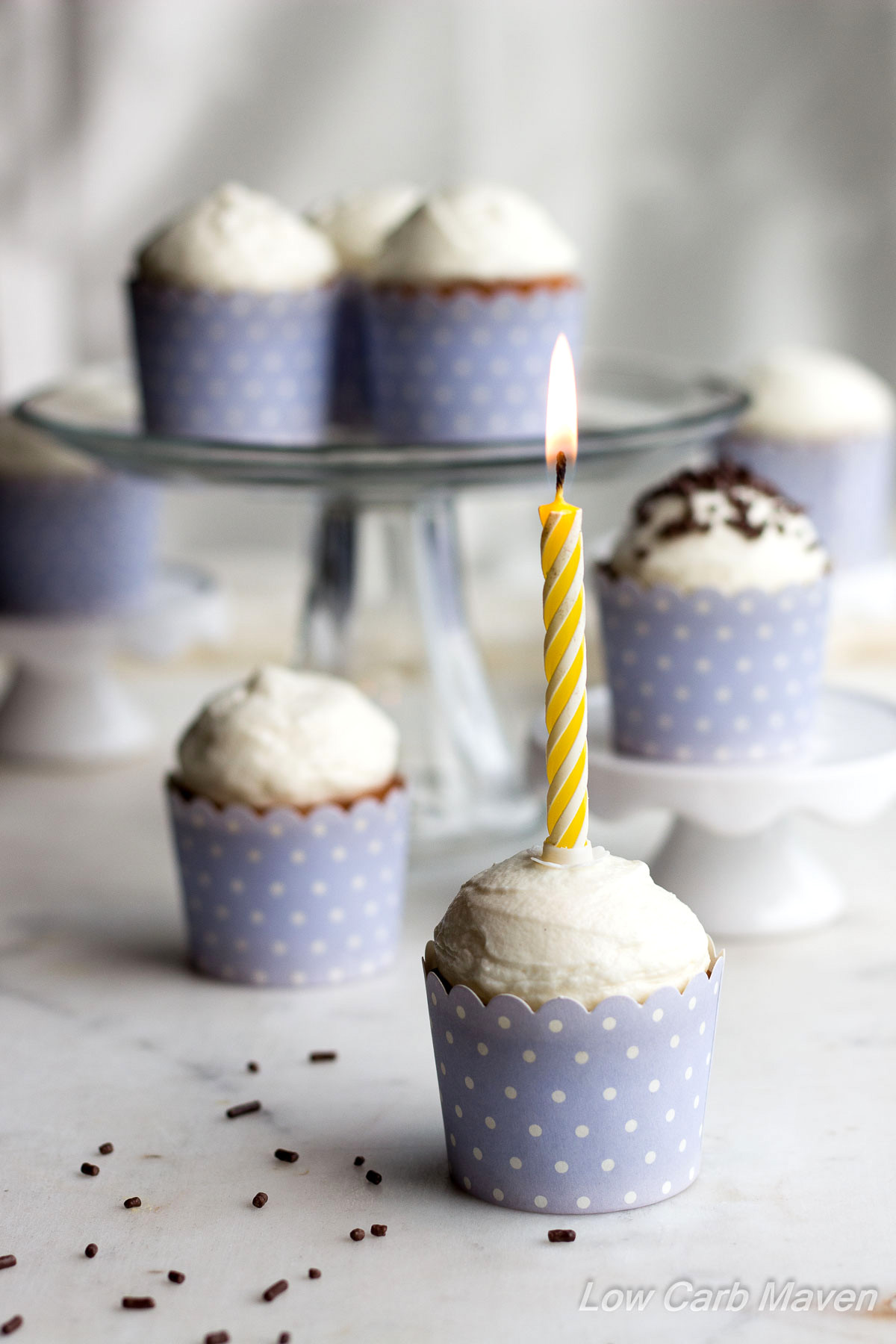 Brightened with the slight tang of buttermilk, these classic vanilla buttermilk cupcakes are topped with a luxurious cream cheese frosting. | Low Carb, keto, thm