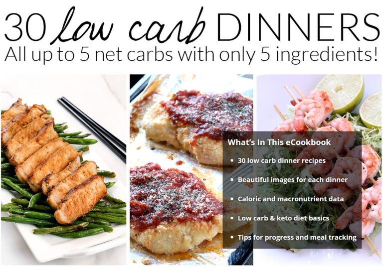 Tasteaholics low carb dinner cookbook cover with pictures of three easy low carb dinners.