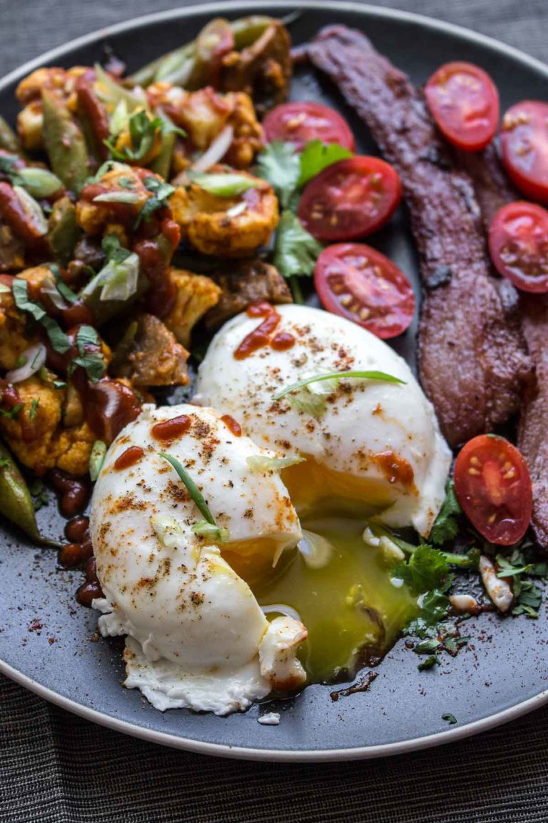 These easy pan poached eggs are fantastic with a toasted vegetable masala and bacon! | low carb, Paleo, Whole 30, Keto, THM-s