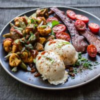 These easy pan poached eggs are fantastic with roasted Indian vegetable and bacon! | low carb, Paleo, Whole 30, Keto, THM-s