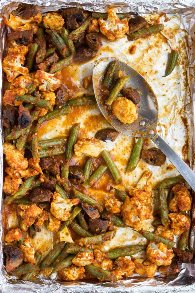 Roasted Vegetable Masala: An easy side of cauliflower, green beans and mushrooms flavored with tomato and Indian spices. | low carb, gluten-free, dairy-free, paleo, whole 30