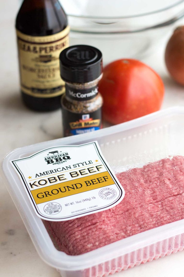 Ingredients for a low carb steakhouse burger: American style kobe ground beef, Worcestershire sauce, Montreal steak seasoning, and tomatoes. 