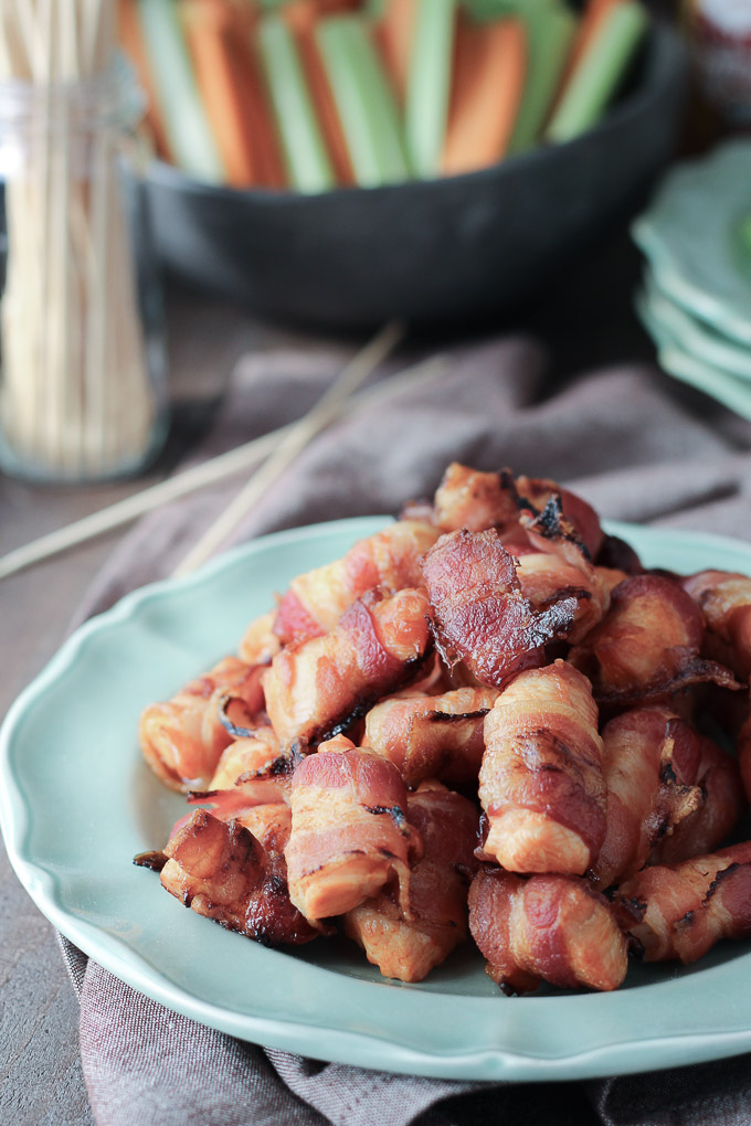 Bacon Wrapped Buffalo Chicken Bites: chicken marinated in Buffalo sauce, wrapped in bacon and baked until crispy. | low carb, keto, gluten-free