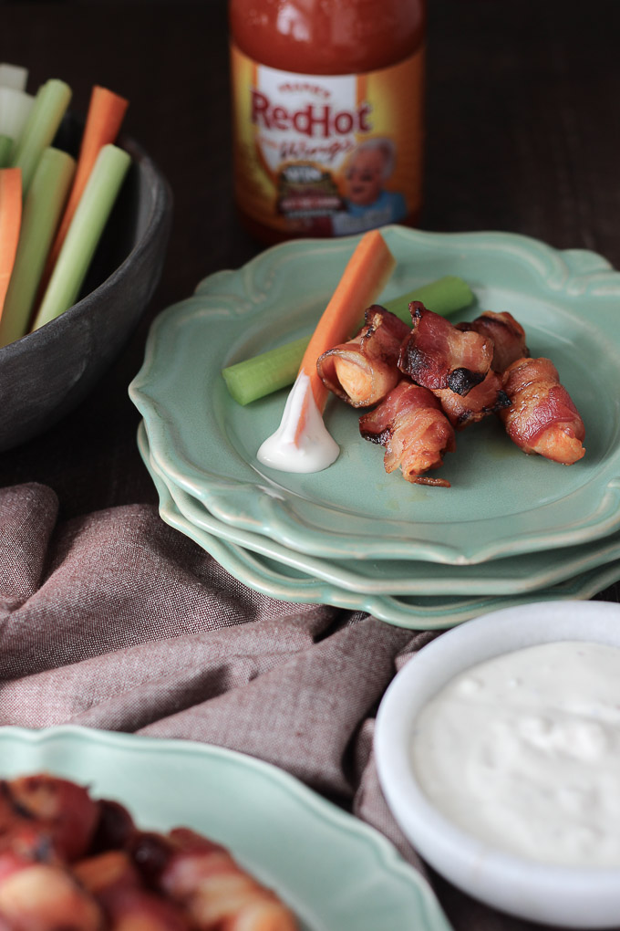 Bacon Wrapped Buffalo Chicken Bites: chicken marinated in Buffalo sauce, wrapped in bacon and baked until crispy. | low carb, keto, gluten-free