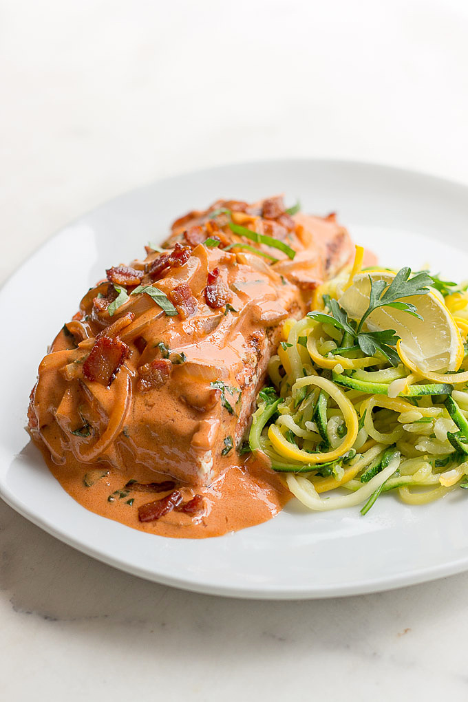 Salmon with Bacon Tomato Cream Sauce. #Sponsored #salmonrecipe #easy #bacon #tomatocreamsauce #vodkasauce #keto #lowcarb 