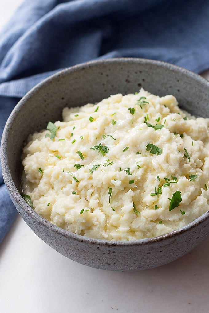 Mashed Cauliflower with Celery Root has a creamy texture and delicate flavor.