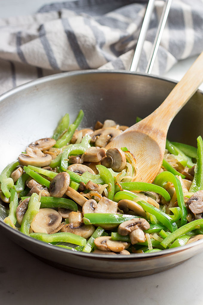 Peppers, onions and mushrooms for Philly cheese steaks