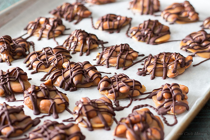 A low carb turtle recipe using low carb caramel, almonds & sugar free chocolate for delicious keto candy that's diabetic friendly.