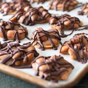 A low carb turtle recipe using low carb caramel, almonds & sugar free chocolate for delicious keto candy that's diabetic friendly.