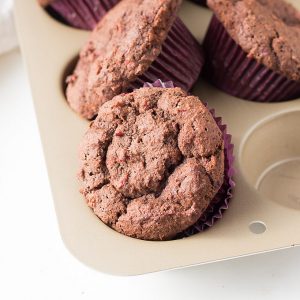 Try these low carb chocolate muffins made with leftover cranberry sauce. A great keto breakfast or dessert!