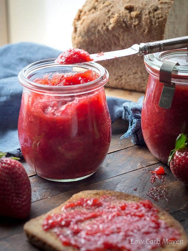 A sugar free strawberry jelly recipe perfect for low carb keto or Paleo diets. This no pectin jam recipe is thickened with gelatin and super easy to make.