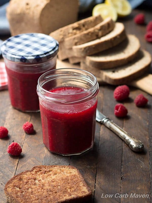 Low Carb Sugar Free Raspberry Jelly (sugar free jam) is perfect for low carb and keto breads