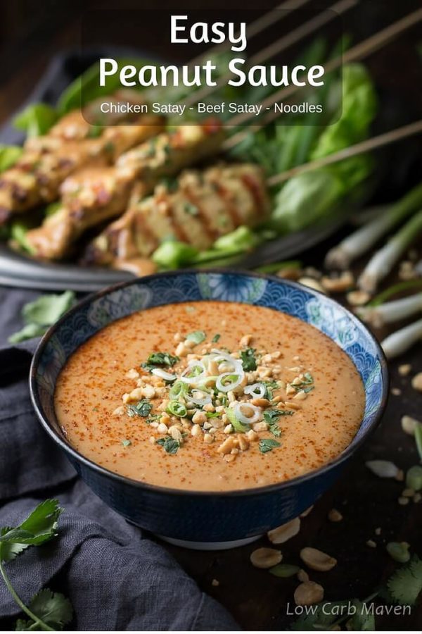 Easy Thai peanut sauce for chicken satay, beef satay, or noodles. Make this easy peanut sauce mild or spicy. My sugar-free keto recipe offers sweetener subs.