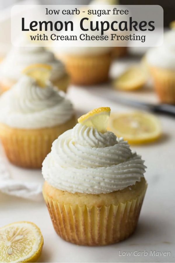 Fluffy sugar-free cupcakes with lemon topped with whipped cream cheese frosting for low carb and keto diets.
