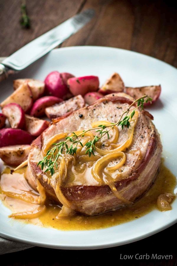 Try this easy one-pan recipe for bacon wrapped pork chops with apple cider vinegar glaze. It's low carb and delicious!