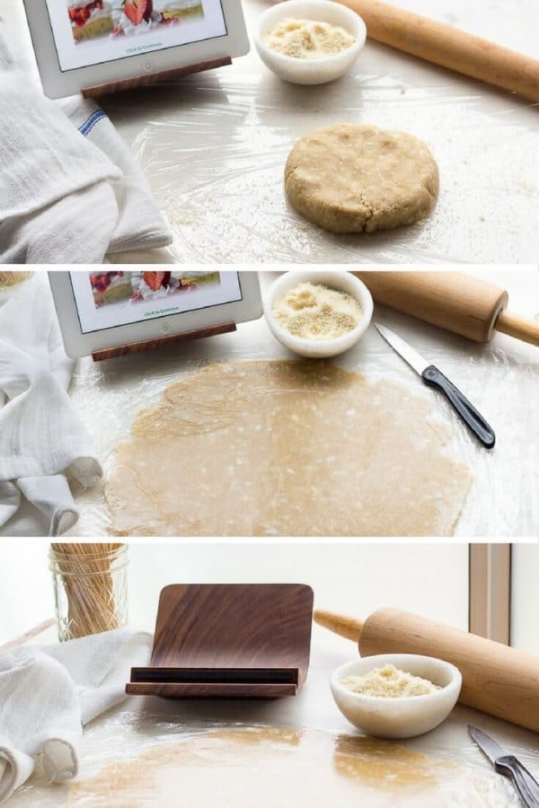 Triplet of photos showing how to roll out a pie crust. A round of dough and rolling pin in top, pie crust rolled out between plastic wrap, a knife, rolling pin and almond flour in the second photo, and a rolled out circle of dough, rolling pin and walnut ipad stand in the third. 