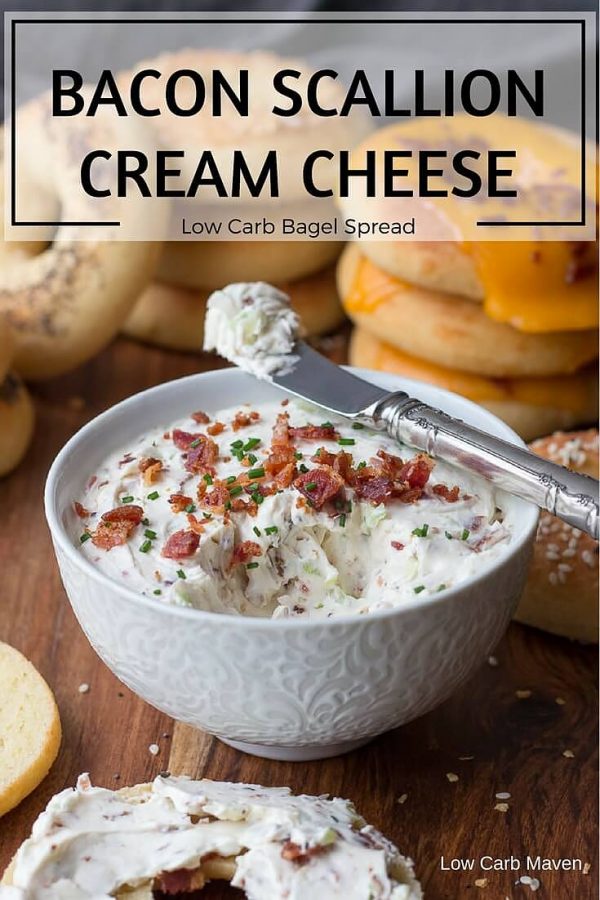 My version of the famous bacon scallion cream cheese spread I love from Brugger’s Bagels. This easy recipe makes a great low carb vegetable dip, too!