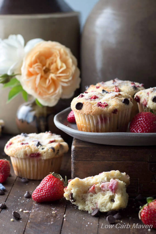 Low carb strawberry chocolate chip muffins are a great sugar-free muffin made with coconut flour and the perfect keto breakfast.