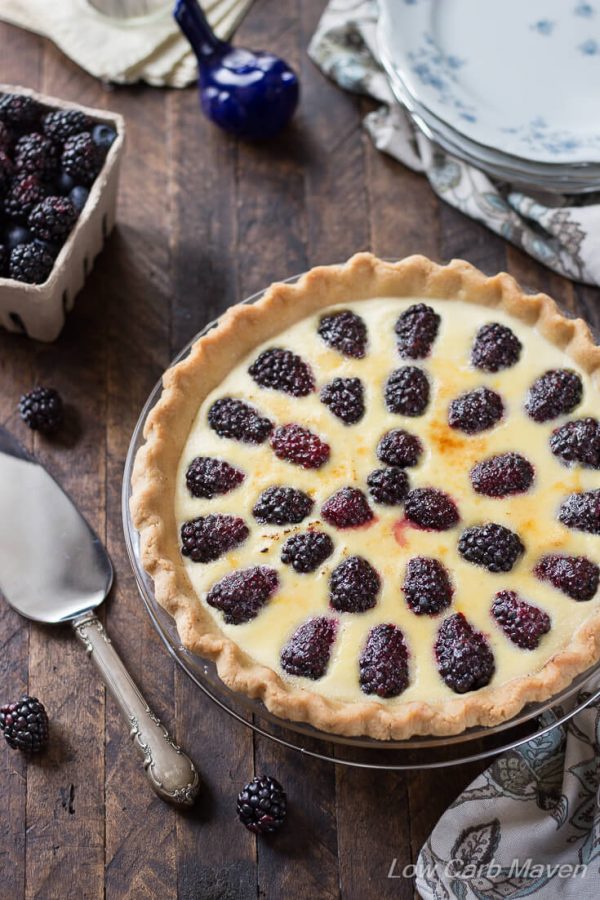 Make this easy no-bake custard pie with a low carb ready made pie crust and fresh blackberries. It's just like an old fashioned buttermilk pie but easier.