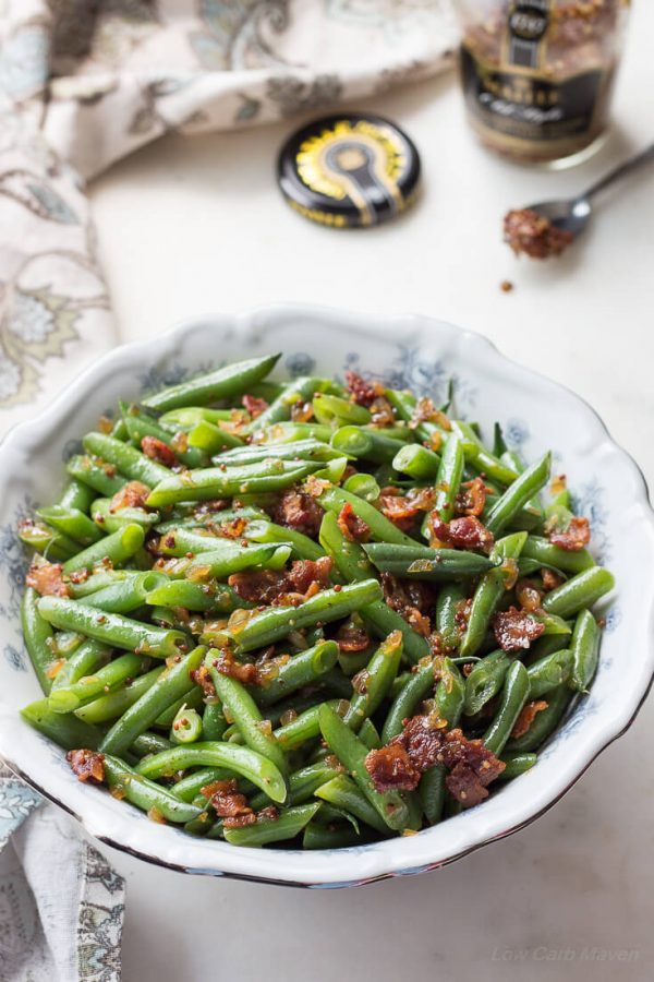 Sweet and Sour German Green Beans with Bacon and Onions is a tasty green bean recipe and easy low carb side.