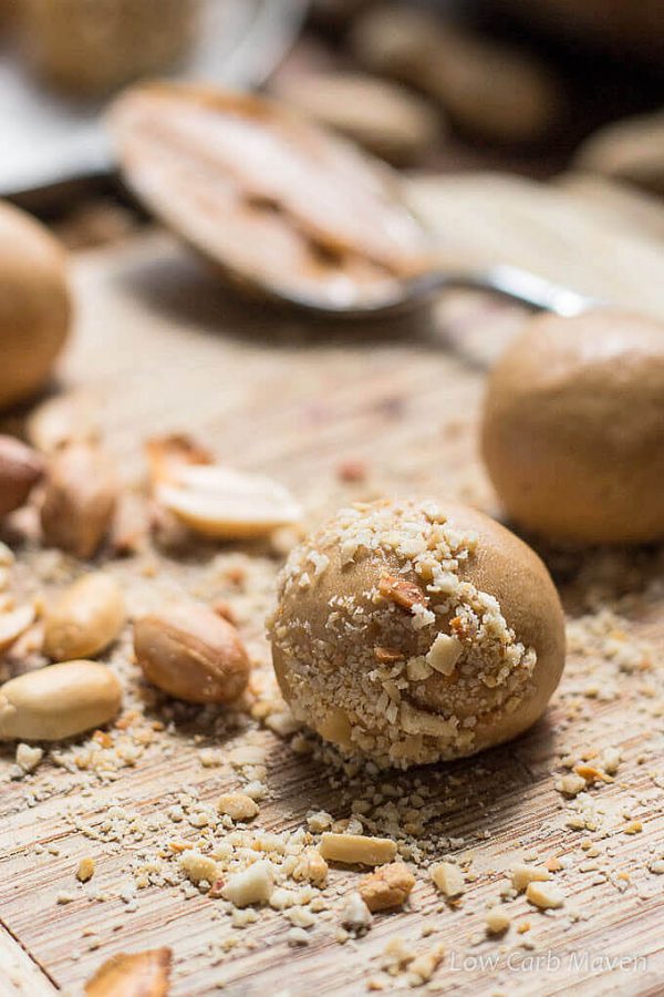 Low carb peanut butter balls made from protein powder and stevia make an easy low carb keto snack.